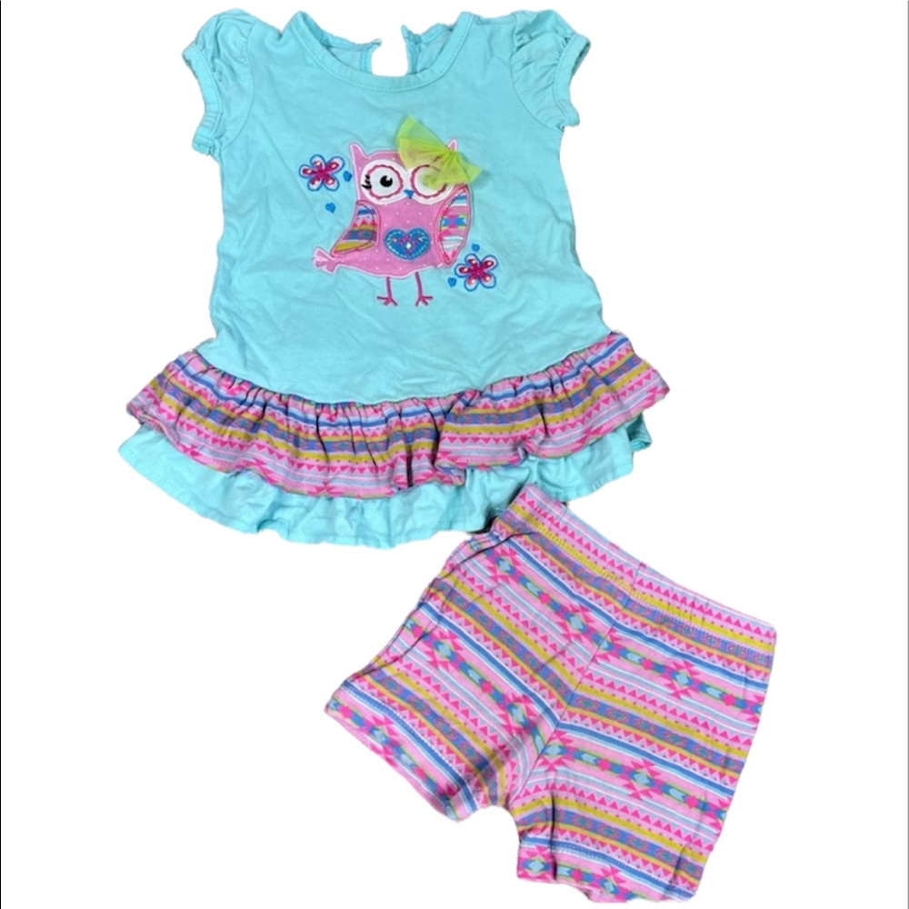 Baby Girl Baby Gear Owl Tee and Shorts Matching Set Outfit Size 12 Months